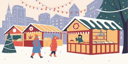Christmas market in winter city. winter street market. AI generated. Vector iconのイラスト素材