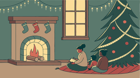 Christmas evening. interior of decorated room and fireplace for the holiday. AI generated. Vector iconのイラスト素材