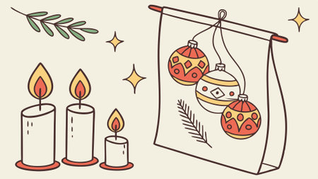 Christmas ornaments and candles adorn the white canvas on the wall.. AI generated. Vector iconのイラスト素材