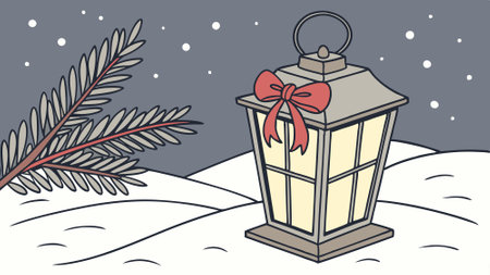 Christmas lantern on snow with fir branch in evening scene. AI generated. Vector iconのイラスト素材