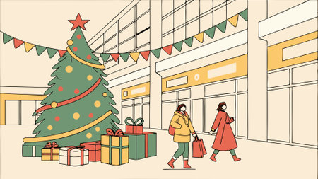 Christmas celebration background with Christmas Tree with gifts standing in shopping mall - . AI generated. Vector iconのイラスト素材