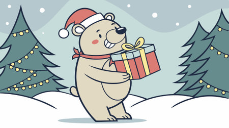 Christmas card concept bear holding gifts wearing santa claus hat. AI generated. Vector iconのイラスト素材