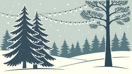 Christmas scene with winter forest. fir branches. snowflakes and lights. AI generated. Vector iconのイラスト素材