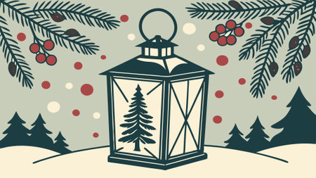 Christmas scene with a lantern. trees and blurred lights background. Christmas background. AI generated. Vector iconのイラスト素材