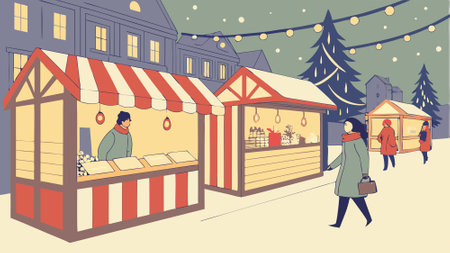 Christmas street market in the evening. charming christmas market. AI generated. Vector iconのイラスト素材