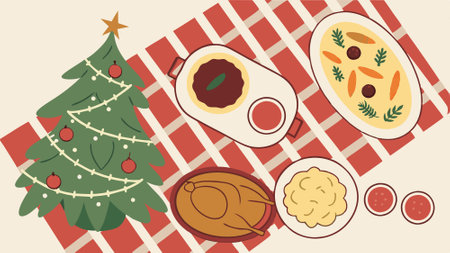 Christmas themed dinner table with variety of delisious dishes. AI generated. Vector iconのイラスト素材