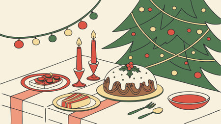 Christmas Table with a christmas tree in the background. . AI generated. Vector iconのイラスト素材