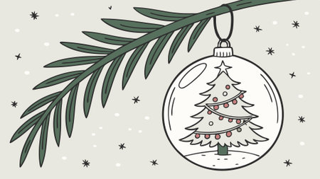 Christmas Tree inside snow ball hanging on fir branch. AI generated. Vector iconのイラスト素材