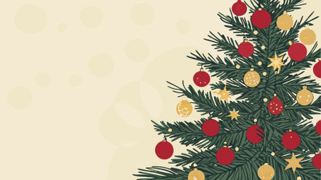 Christmas tree with red gold ornaments and baubles on blurred bokeh lights background. . AI generated. Vector iconのイラスト素材