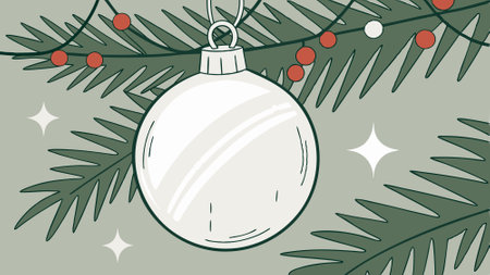 Christmas white glossy round bauble ornament on christmas tree background.. AI generated. Vector iconのイラスト素材