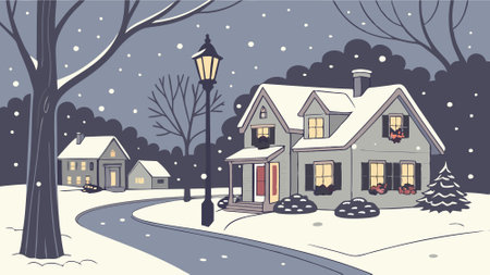 Christmas village night lighting the street when snowing. . AI generated. Vector iconのイラスト素材