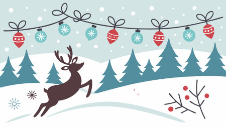 Christmas winter panorama banner with snow. blurred forest background and cute christmas decorations. AI generated. Vector iconのイラスト素材