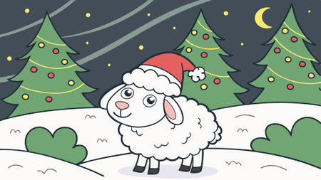Close-up of a sheep with santa hat. christmas trees and decorations in the snow. winter night scene. AI generated. Vector iconのイラスト素材