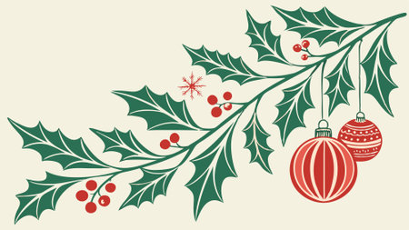 Classic Red and Green Watercolor Christmas Card with Holly and Ornaments Border on Shaped Canvas. AI generated. Vector iconのイラスト素材