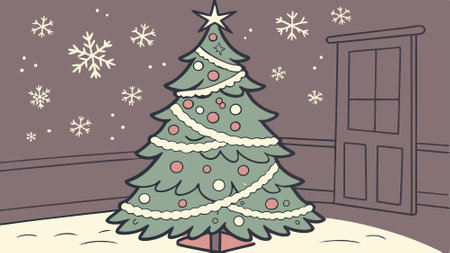 Christmas tree with snow decorated and garland lights. AI generated. Vector iconのイラスト素材
