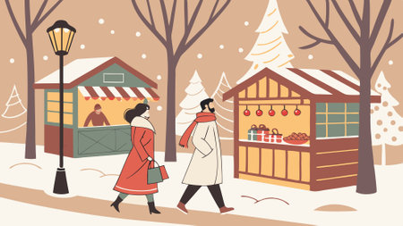 Couple enjoying and taking a stroll in a traditional christmas market - christmas markets concept. AI generated. Vector iconのイラスト素材