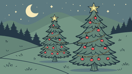Christmas trees at night as illustration wallpaper background. AI generated. Vector iconのイラスト素材