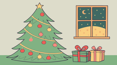 Christmas tree. gifts and decorations. Window with christmas lights in the background. . AI generated. Vector iconのイラスト素材