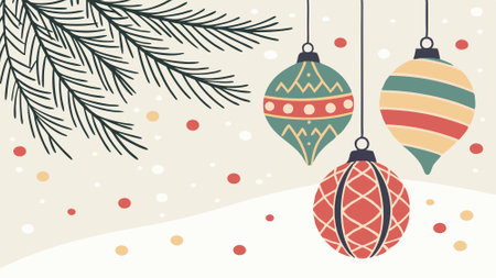 Colorful Christmas baubles on a snowy background. blurred pine tree with lights and bokeh effect.. AI generated. Vector iconのイラスト素材