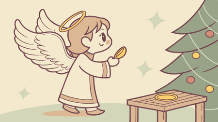 Cute little christmas angel standing on wood table with blurred christmas decor in the background. AI generated. Vector iconのイラスト素材