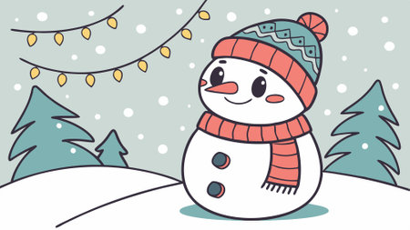 Cute little snowman with a knitted hat. christmas atmosphere. new year postcard. AI generated. Vector iconのイラスト素材