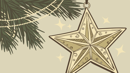 Close-up of gold sparkling star ornament hanging on a Christmas tree. AI generated. Vector iconのイラスト素材