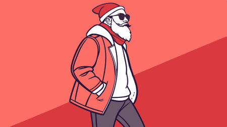 Cool Santa Claus illustration. Santa in shades. hat. and with a long beard against a red background. AI generated. Vector iconのイラスト素材