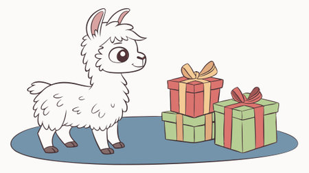 Cute baby llama alpaca with christmas gift boxes on blue background. AI generated. Vector iconのイラスト素材