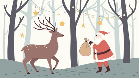 Deer animals with santa claus at Christmas forest full of magic. . AI generated. Vector iconのイラスト素材