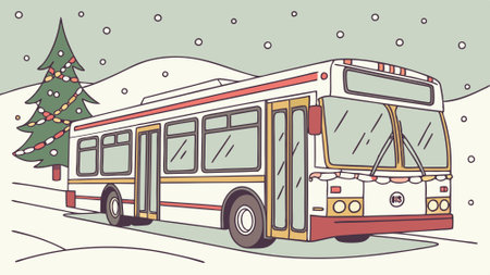 Decorated city bus in the snow with a Christmas tree in the background. AI generated. Vector iconのイラスト素材