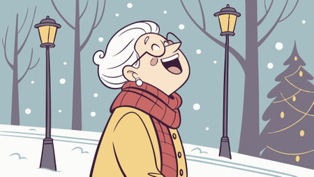 Cute grandmother laughing in the steets at Christmas time. AI generated. Vector iconのイラスト素材