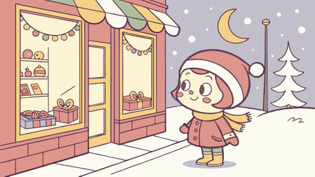 Cute child looking at a Christmas toy store. created with . AI generated. Vector iconのイラスト素材
