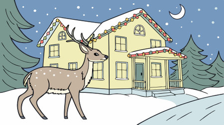 Deer standing in front of a house all lit up with Christmas lights on snow night. AI generated. Vector iconのイラスト素材