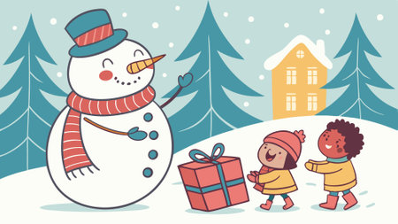Cute colorful watercolor painting christmas snow man with kids and gift box generated AI. AI generated. Vector iconのイラスト素材