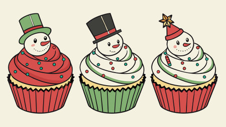 Delicious christmas cupcakes with happy white chocolate snowmen wearing beautiful hats. AI generated. Vector iconのイラスト素材