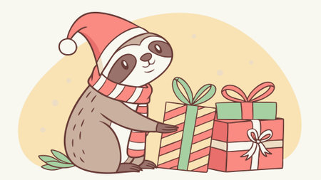 Cute card for Christmas with a little sloth and gifts. Fancy watercolor drawing. AI generation. AI generated. Vector iconのイラスト素材
