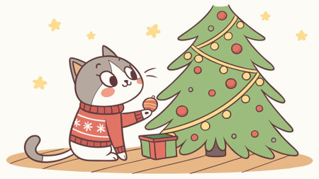 Cute cat in Christmas sweater on wooden floor near christmas tree. AI generated. Vector iconのイラスト素材