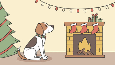 Dog sitting in front of a fireplace with Christmas stockings. allow copy space. christmas banner. AI generated. Vector iconのイラスト素材