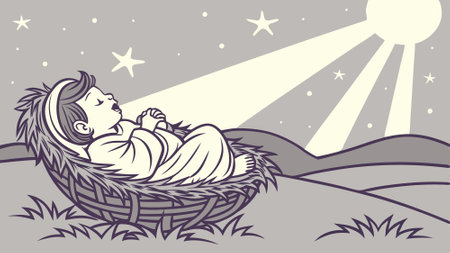 Divine Radiance. Baby Jesus in Vine-Woven Manger. Illuminated by Mystical Light - . AI generated. Vector iconのイラスト素材