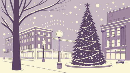 Dreamy Christmas tree in a snowy city - digital painting - illustration. AI generated. Vector iconのイラスト素材