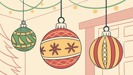 Festive christmas baubles hanging from ceiling as christmas decoration. AI generated. Vector iconのイラスト素材