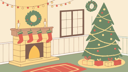 Festive new year and christmas decoration interior in house. AI generated. Vector iconのイラスト素材