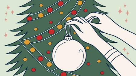 Female hands holding white blank christmas ball on tree background. . AI generated. Vector iconのイラスト素材