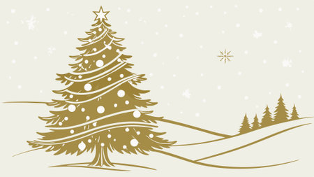 Golden Christmas Tree and Glittering Snow Illustration - Modern and Elegant Festive Greeting Card. AI generated. Vector iconのイラスト素材
