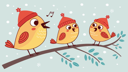 Funny Christmas birds wearing adorable little red hats. coming together in the midst of a snowfall.. AI generated. Vector iconのイラスト素材