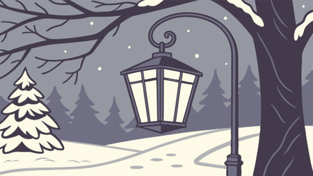 Glowing Lantern Hanging on Shepherd's Hook in a Snowy Winter Evening. AI generated. Vector iconのイラスト素材