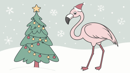 Flamingo with Christmas tree. snow flakes with christmas lightings and hat. AI generated. Vector iconのイラスト素材