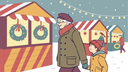 Grandfather and grandson looking Christmas decoration on a Christmas market. AI generated. Vector iconのイラスト素材