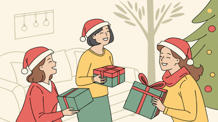 Group of women wearing santa hats and holding christmas presents in their hands.. AI generated. Vector iconのイラスト素材