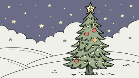 Hand drawn cartoon beautiful illustration of christmas tree on the snow under the starry sky. AI generated. Vector iconのイラスト素材